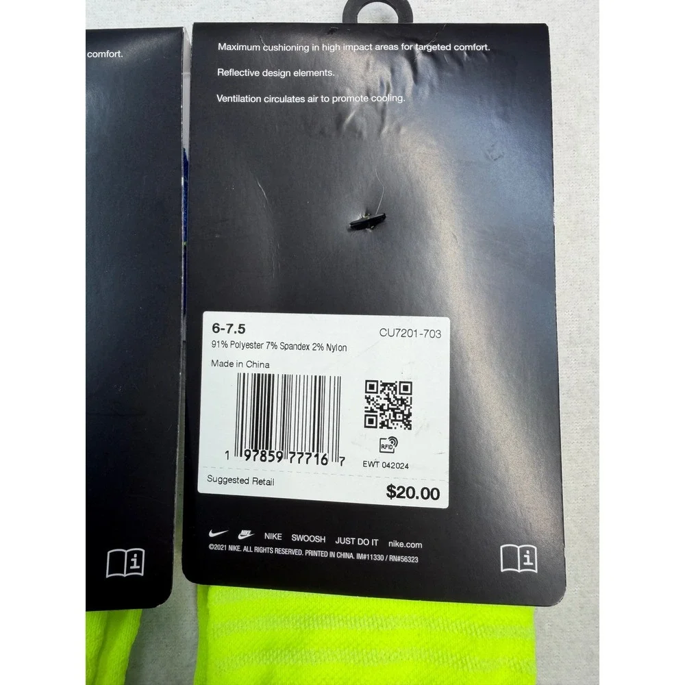 2 Nike Spark Running Cushioned No Show Socks Volt yellow Blue M 6-7.5 W 7.5-9